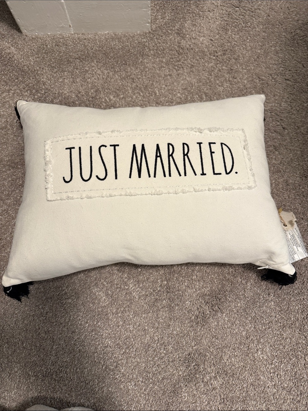 RAE DUNN. Just Married Decorative Throw Pillow - Cream with Black Lettering